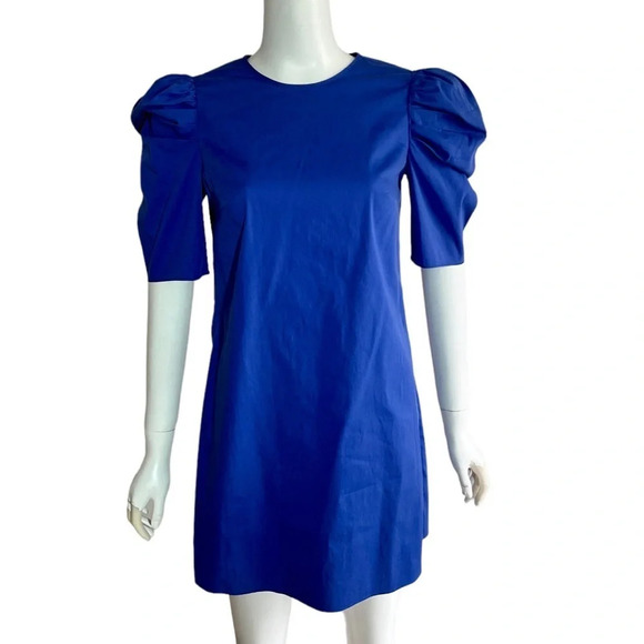 Cinq A Sept Dress Erin Puff Sleeve Mini Crew Neck Bright Cotton Blend Blue Sz 0 - Picture 2 of 10